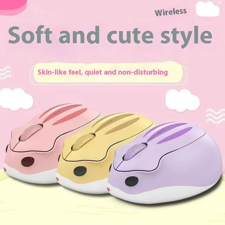 Hamster Wireless Bluetooth Mute Mouse in yellow, pink, or grey on a laptop.