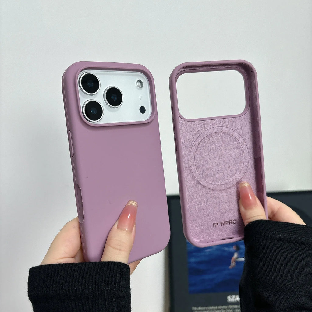 Liquid silicone magnetic iPhone case with Ai button in antique white colour on a table.