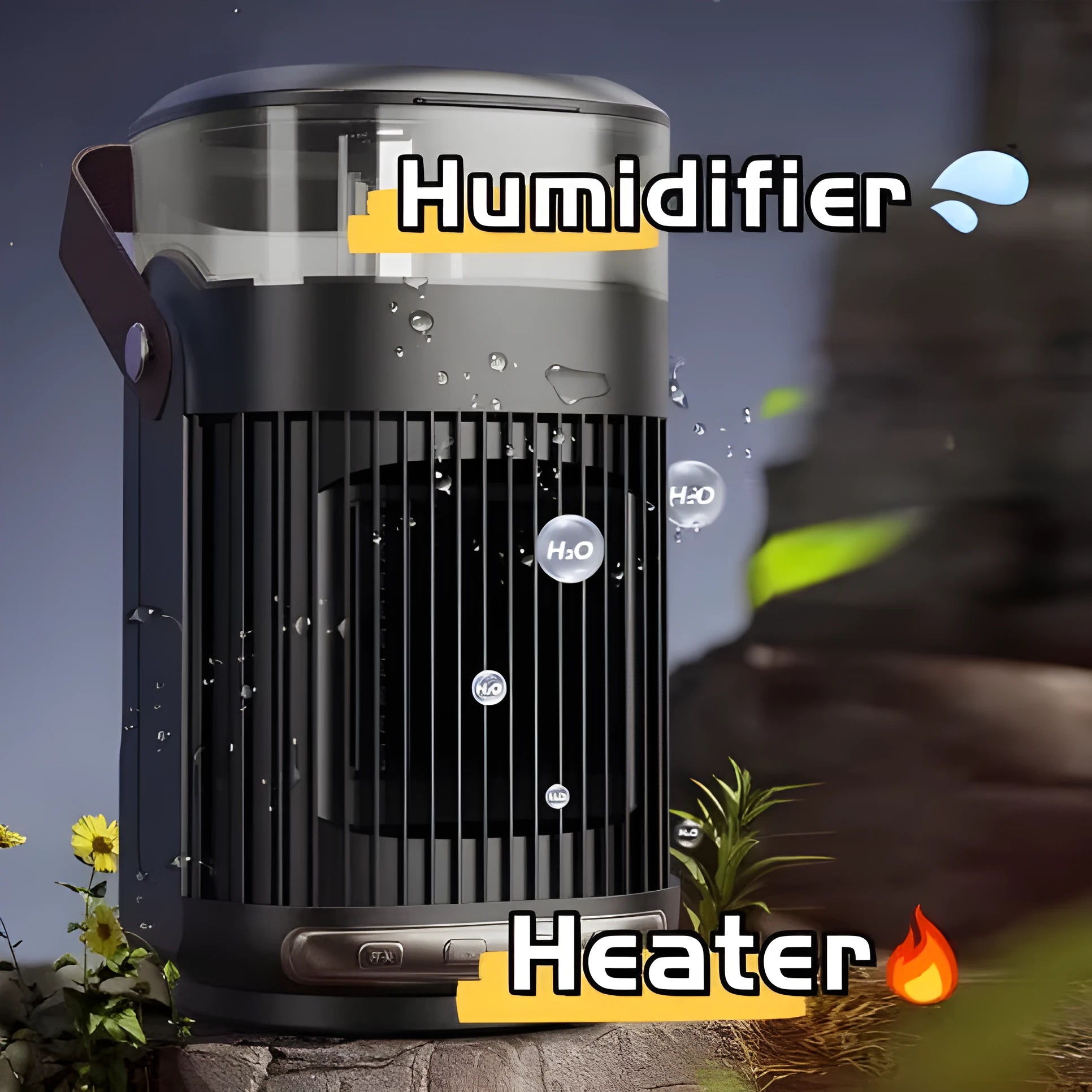 Black portable heater with humidifier measuring 24x13x13cm with front control panel