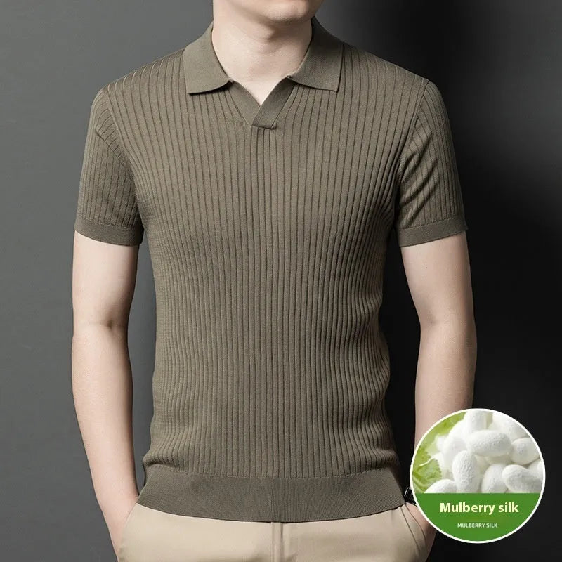 Man wearing a striped mulberry silk T-shirt with a short sleeve and lapel collar.