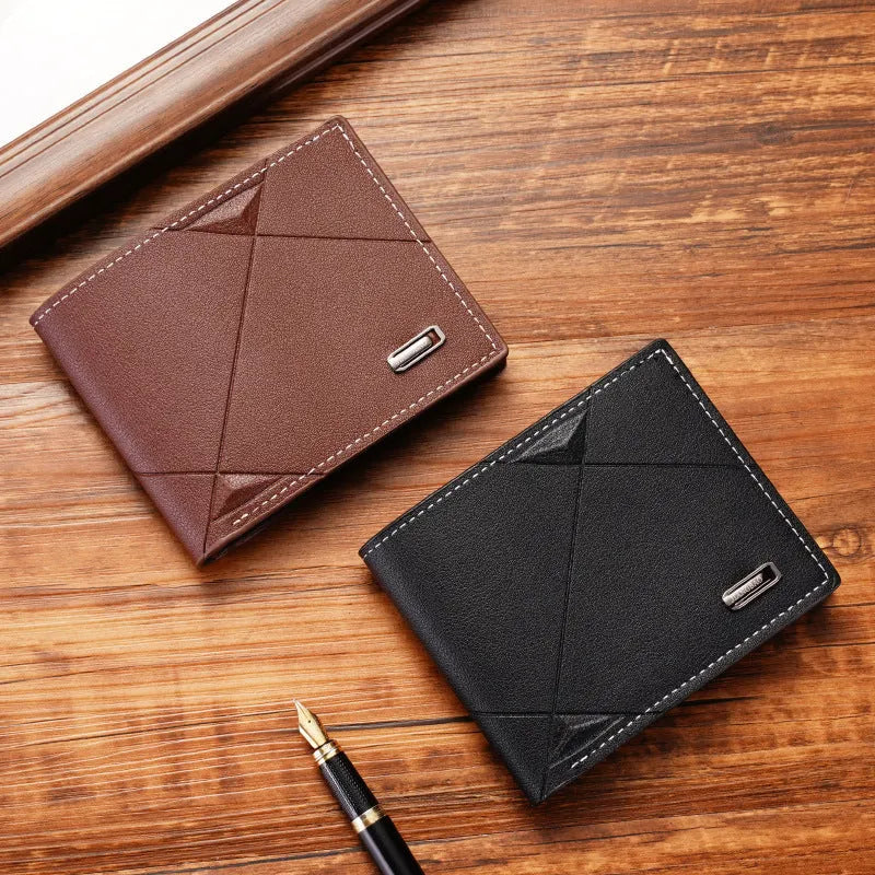 Men's thin three-fold PU leather wallet in black showing multiple card slots.