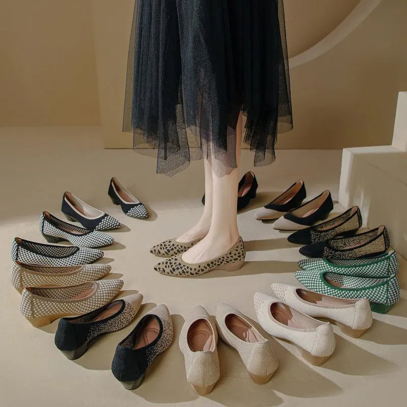 Women's pointed toe Flyknit wedge pumps in leopard print, showcasing low heel and mesh upper.