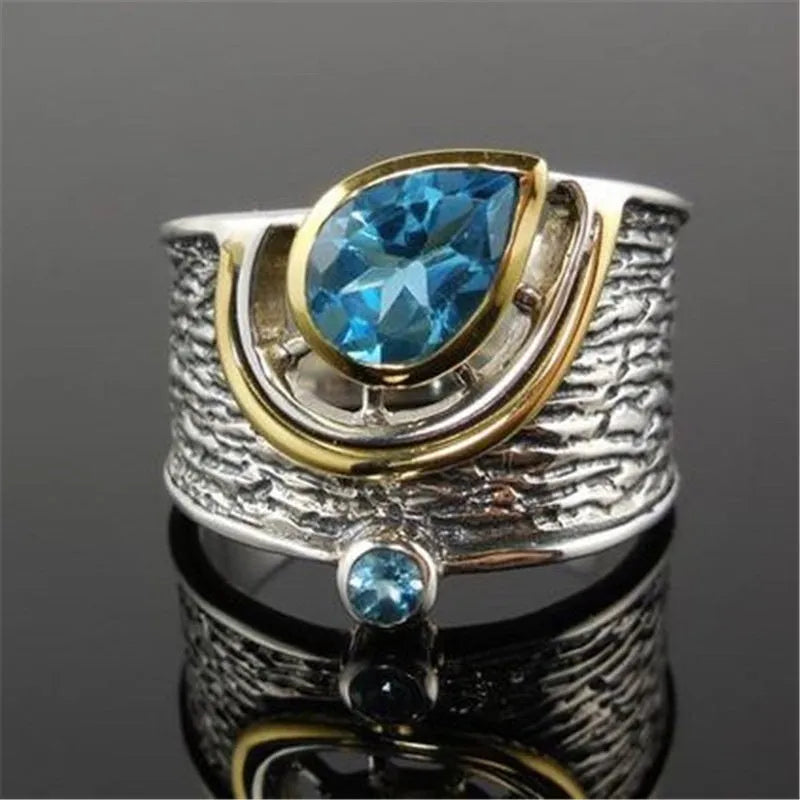 Women's blue zircon drop shape ring with Chinese style design and alloy construction
