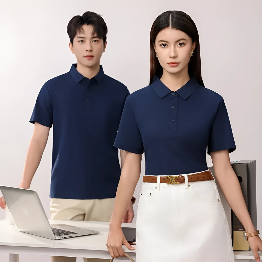 Men's short sleeve business polo shirt in cotton blend fabric with seamless construction, shown in solid colour options