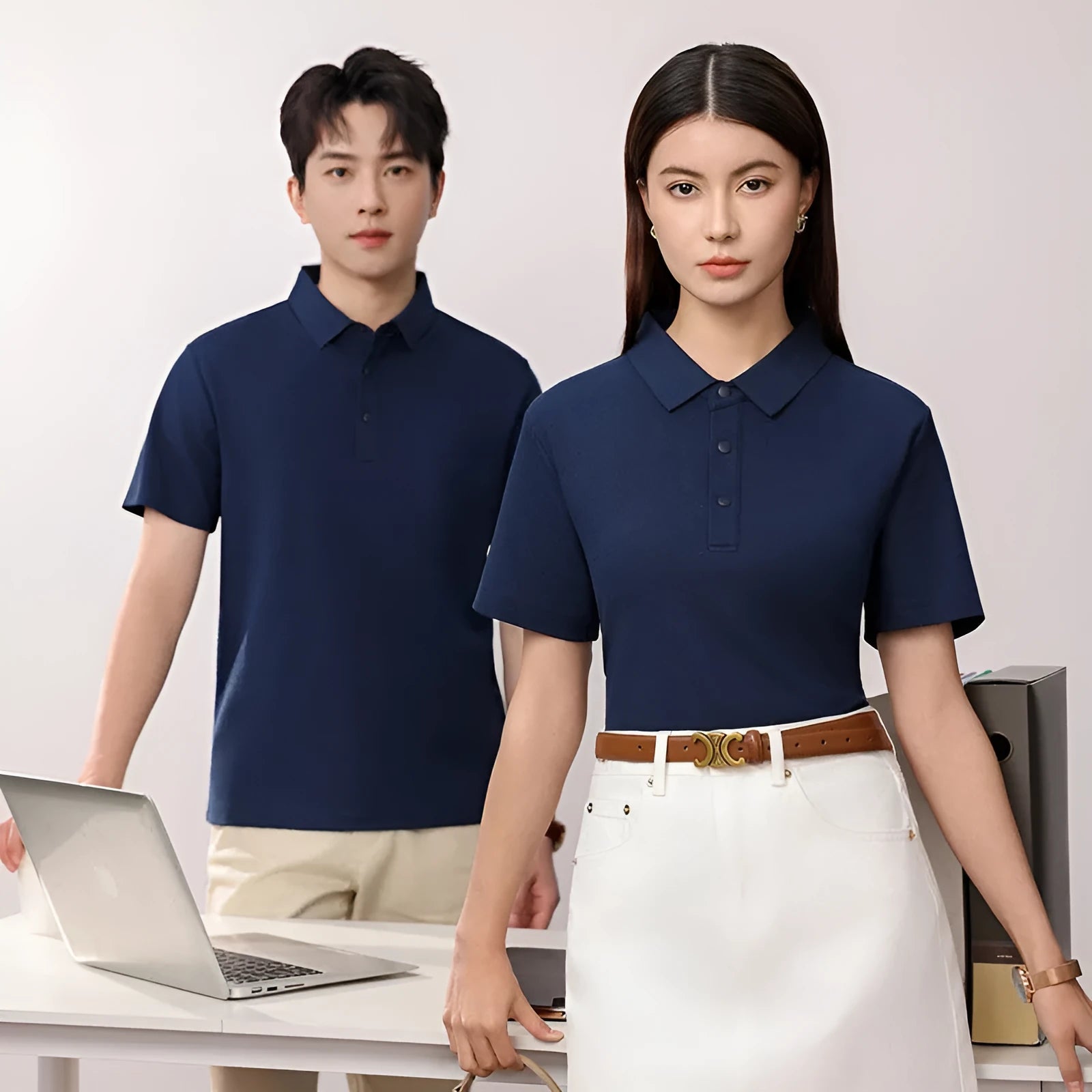 Men's short sleeve business polo shirt in cotton blend fabric with seamless construction, shown in solid colour options