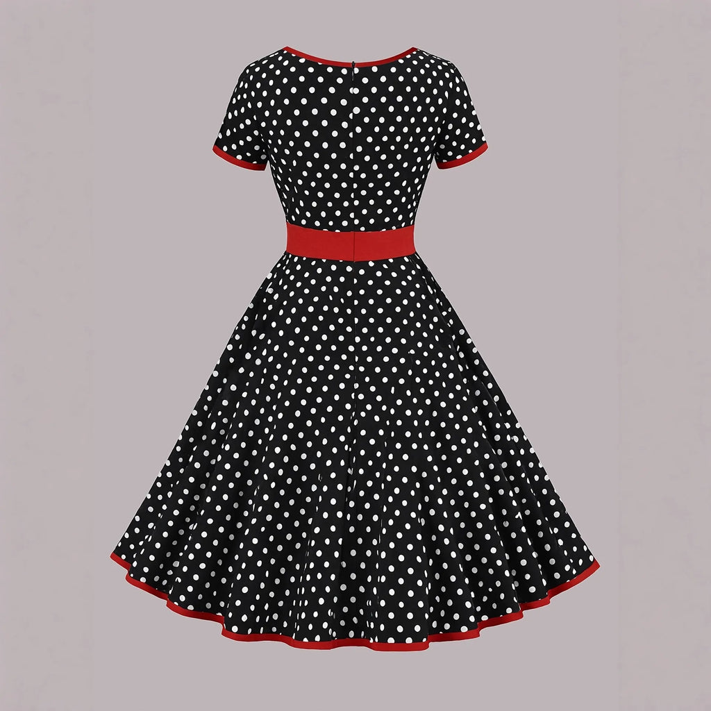 Multicolour polka dot pleated dress with square collar and front zipper