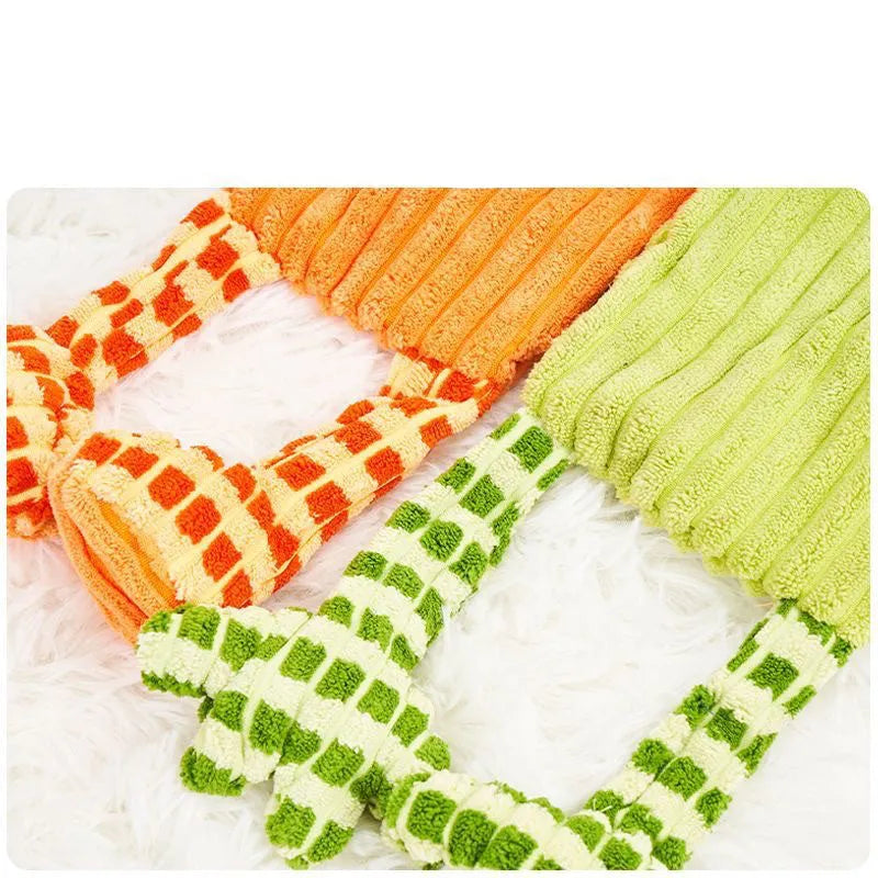 Green and orange plush squeaker dog toy for aggressive chewers with double-layer cotton shell
