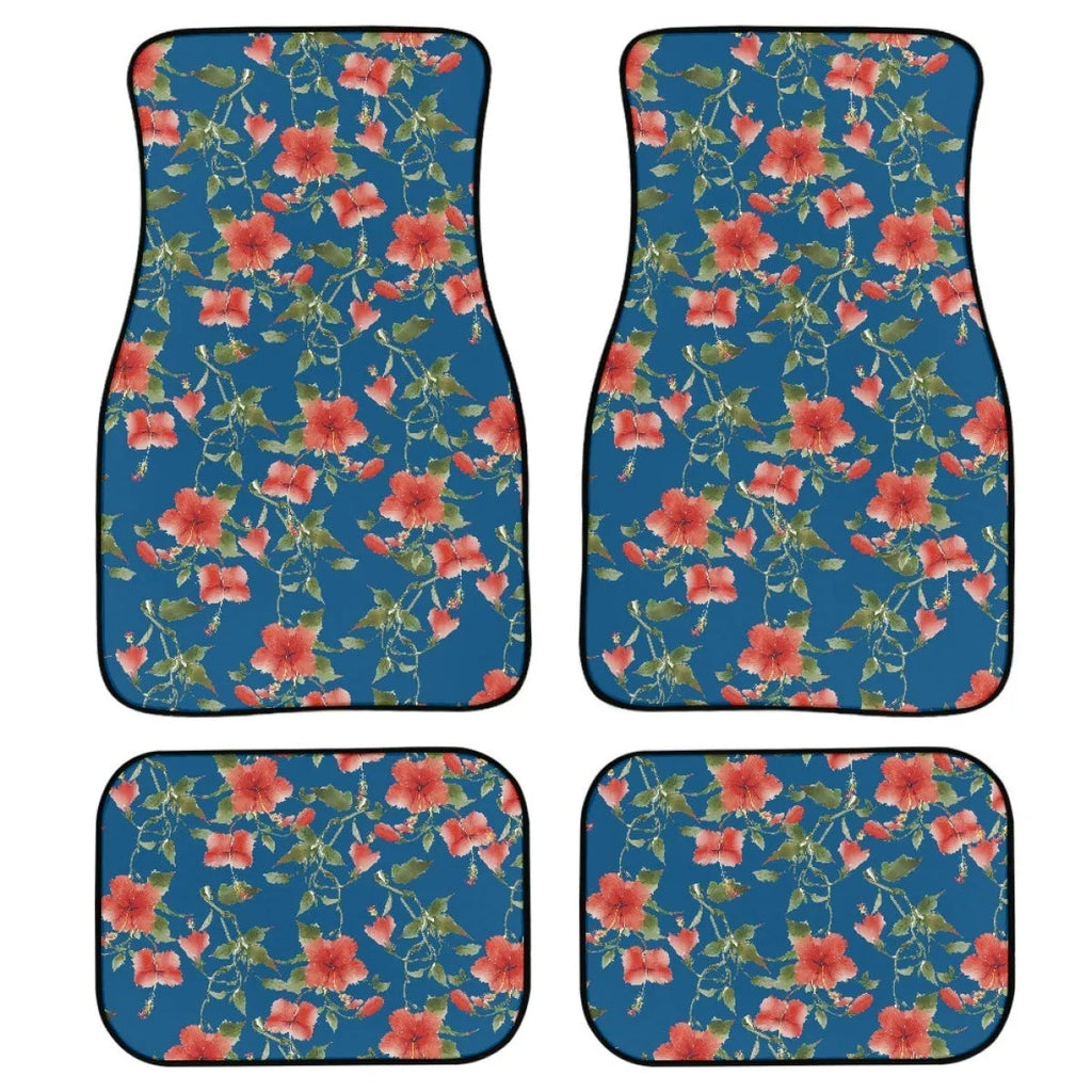Black rubber car floor mat set with waterproof lining, four-piece suit for vehicle footwells.