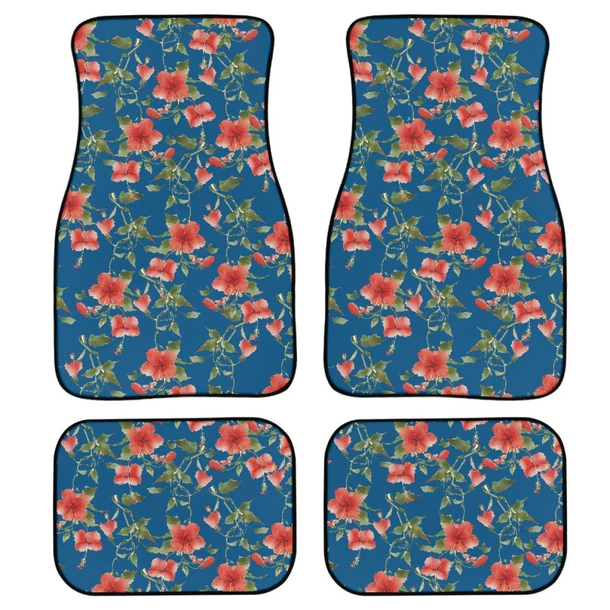 Black rubber car floor mat set with waterproof lining, four-piece suit for vehicle footwells.
