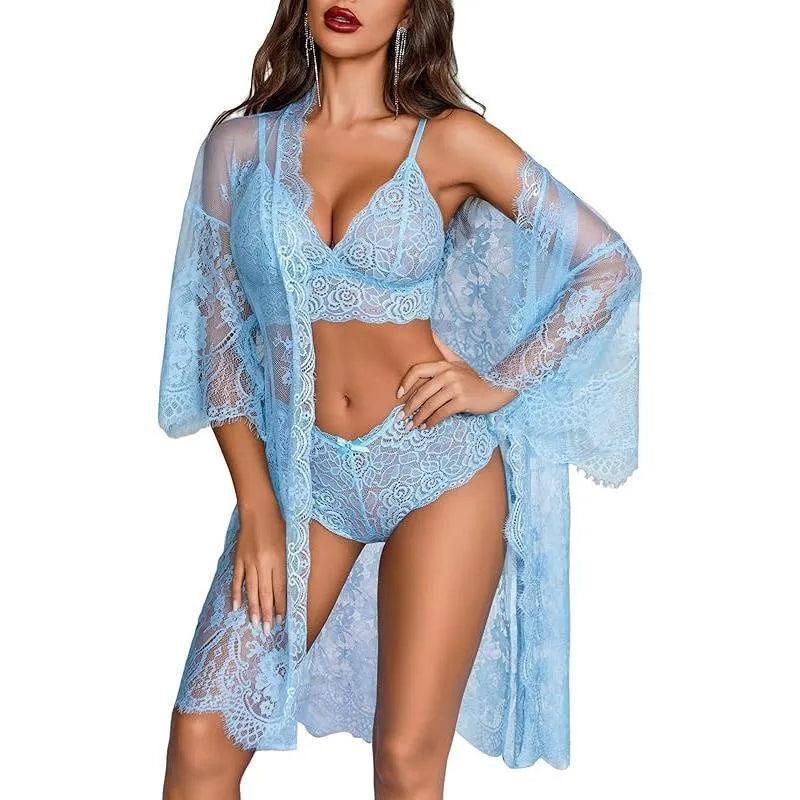 Ladies lace underwear set in apricot colour made from polyester fabric.