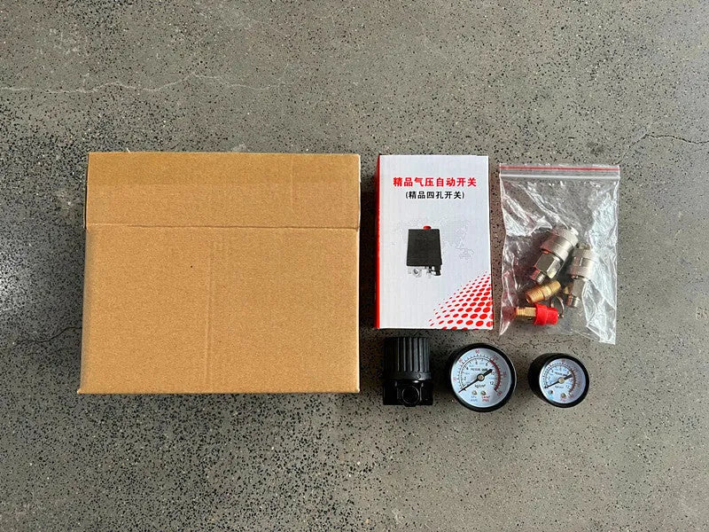 European style air compressor pressure regulating valve assembly with switch box and industrial fittings