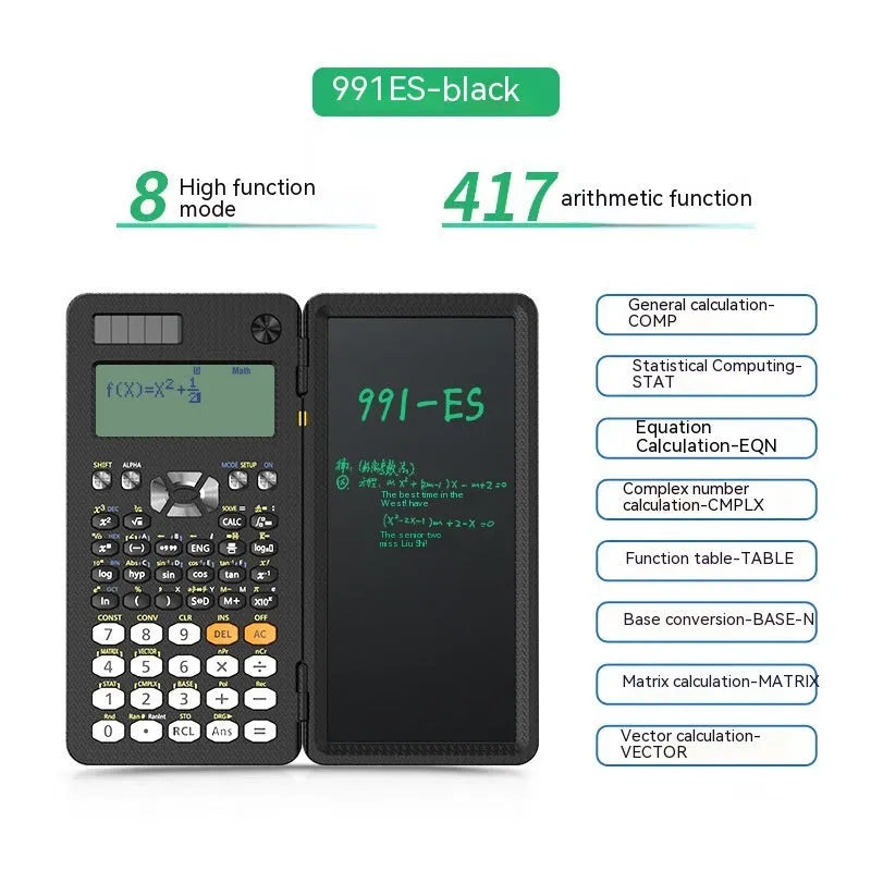 Black foldable 2-in-1 scientific calculator with handwriting tablet on blue LCD screen, ABS body, portable design