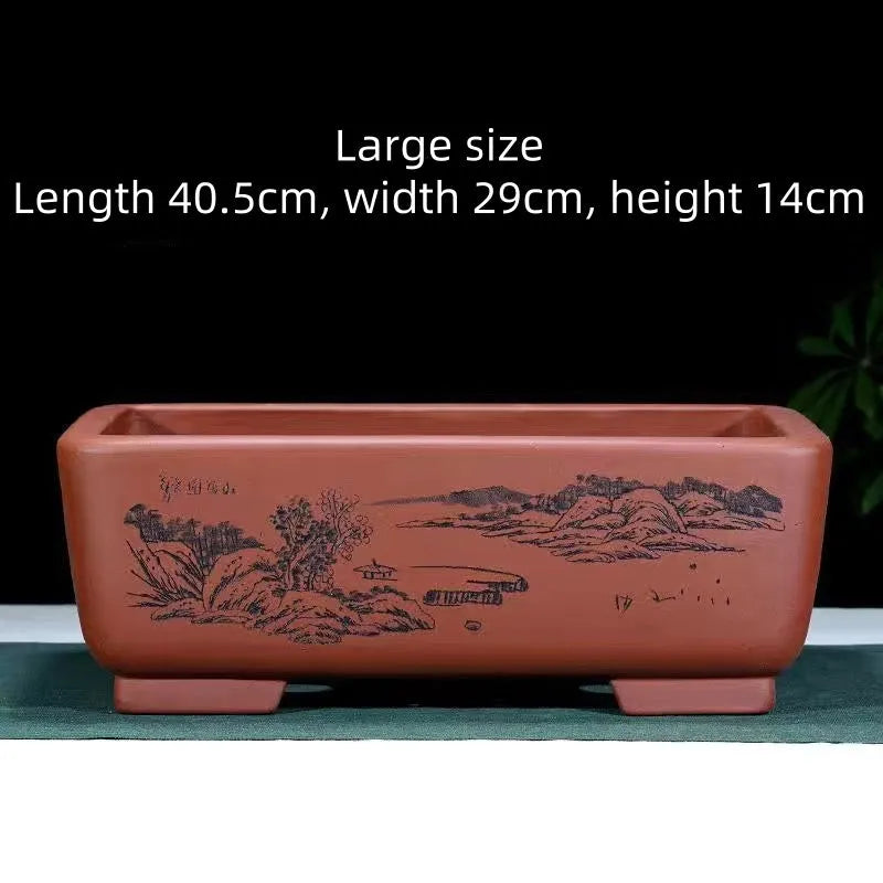 Large handmade rectangular purple clay bonsai pot in deep blue black for pine trees.