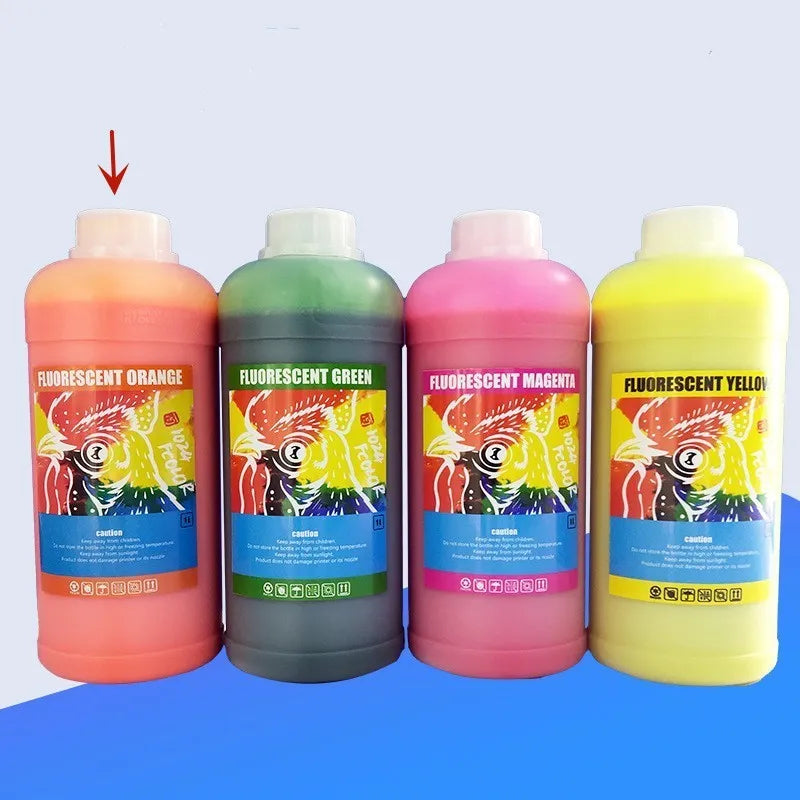 Cartridge of fluorescent orange sublimation ink for PET film printing, with 1000ml capacity shown.
