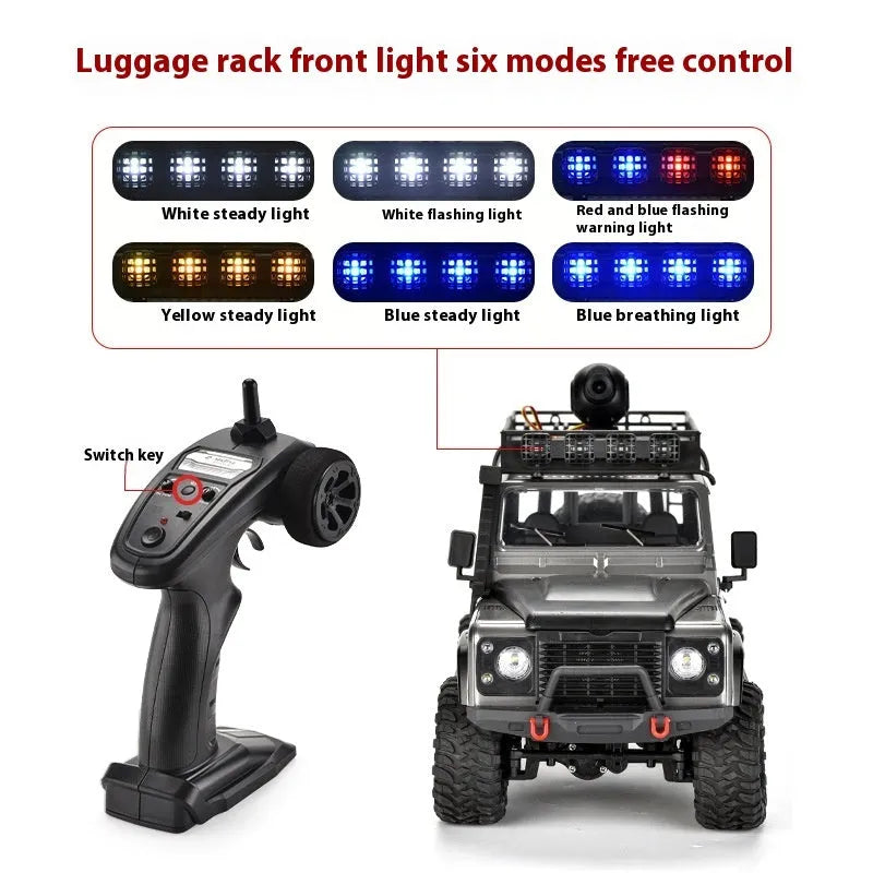 Four-wheel drive off-road RC car with controllable headlight and camera in black plastic