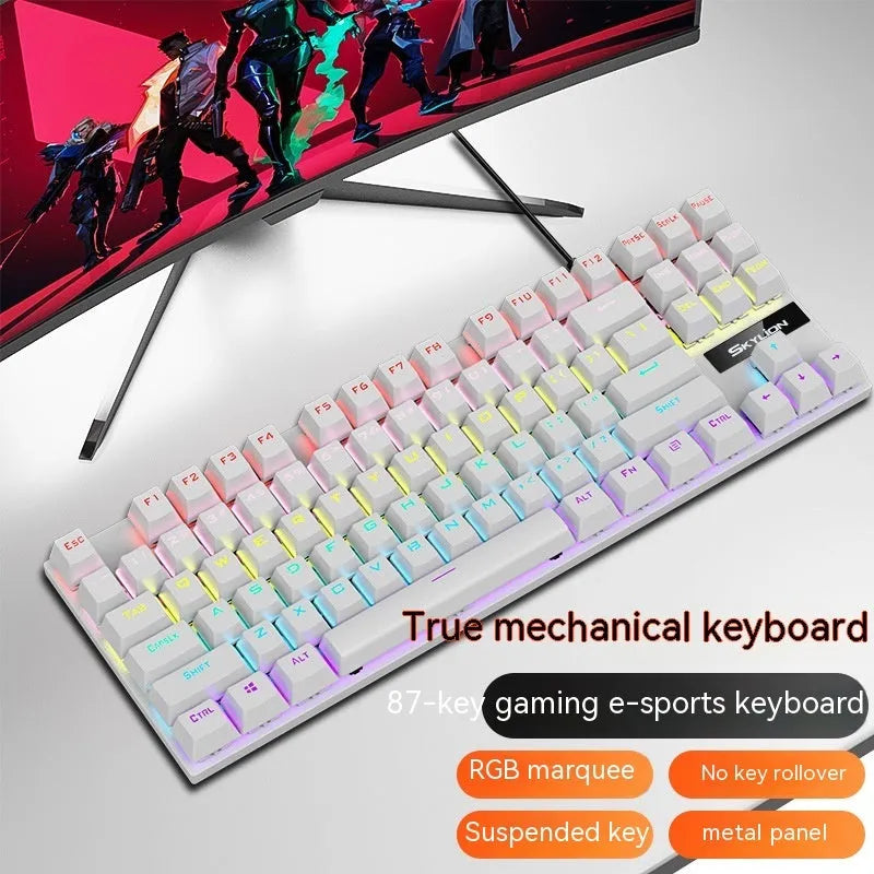K87 mechanical wired keyboard with green or red axis switches, metal construction, and 1.4 metre cable in various colour options