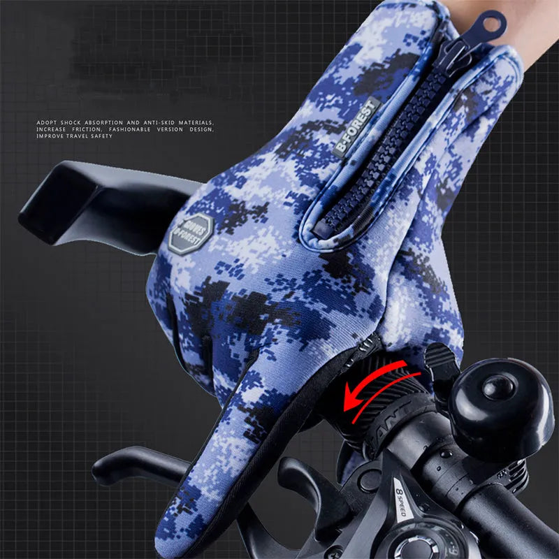 Winter touch screen motorcycle gloves with fleece lining in black and blue colours