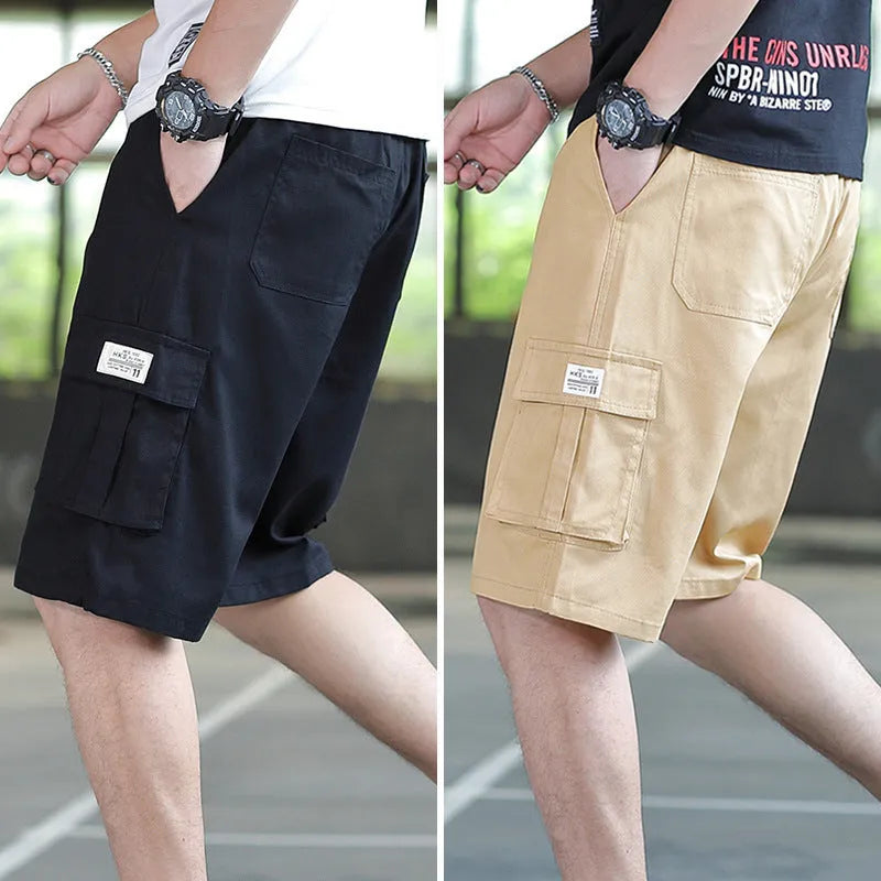 Man wearing loose-fit khaki casual trousers, showing the Korean style and thin fabric texture.