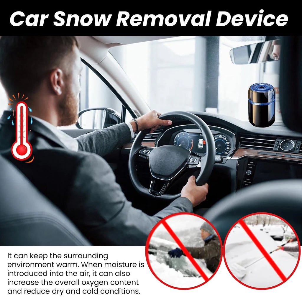 Compact 5.6 by 6.8 cm car windshield defrosting tool with power switch for heat and moisture release.