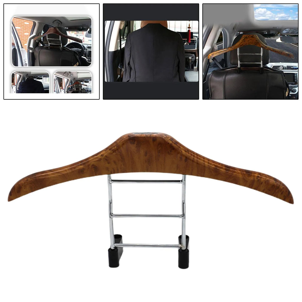 Wood yellow stainless steel car mounted clothes hanger showing dimensions.