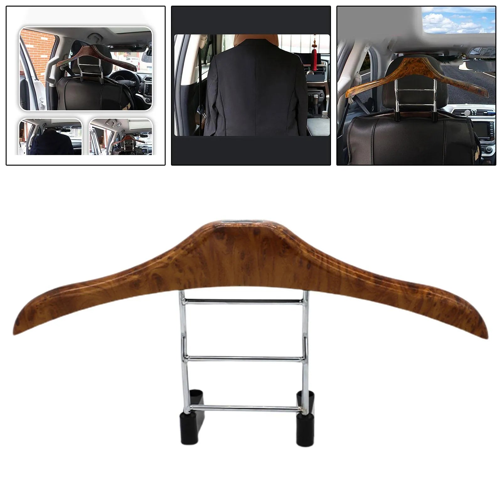 Wood yellow stainless steel car mounted clothes hanger showing dimensions.