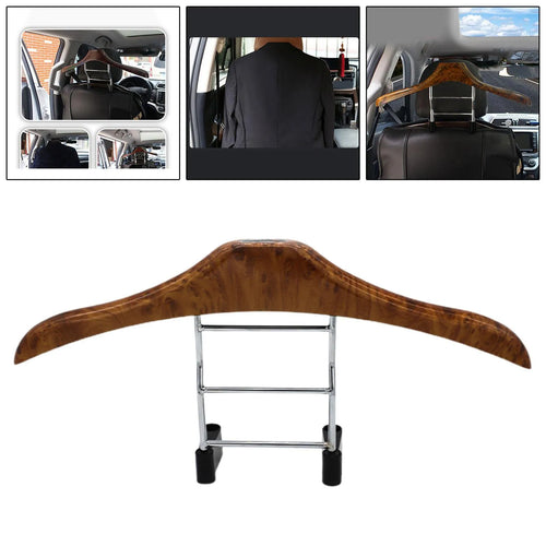 Wood yellow stainless steel car mounted clothes hanger showing dimensions.