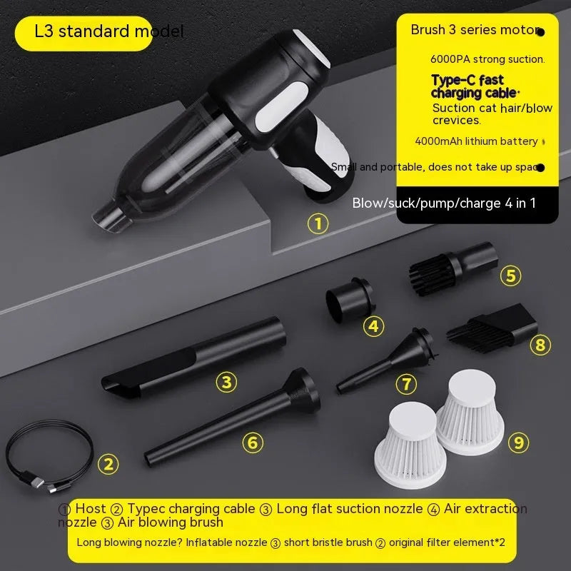 Black cordless handheld car vacuum cleaner with attached brush nozzle and charging cable.