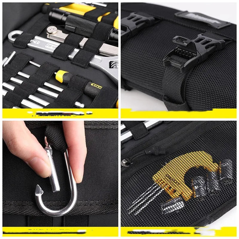 Motorcycle repair tool roll laid flat in black polyester with elastic straps and mesh zipper pocket