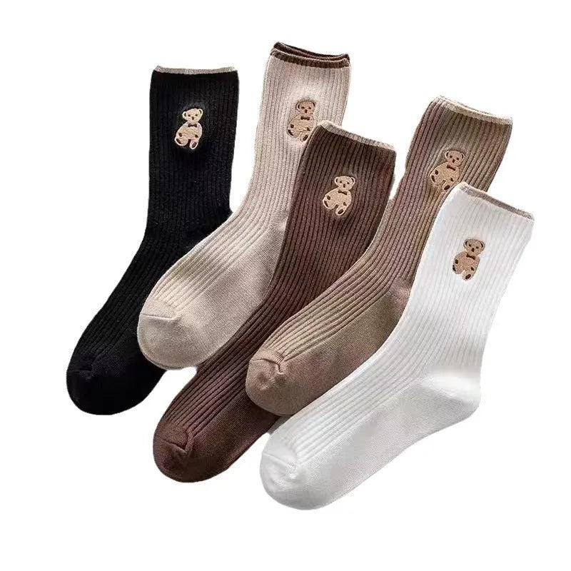 Women's mid-calf retro bear jacquard stack socks in white beige or brown, Japanese school style