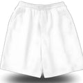 A pair of white casual polyester shorts on a neutral background.