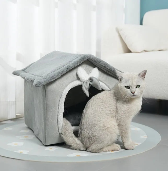 Small plush PP cotton pet house nest with bowknot design for cats and small dogs, winter warm indoor use