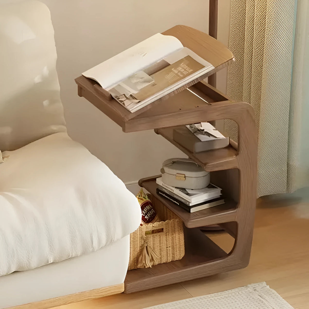 Movable solid wood side cabinet on wheels, walnut colour, 40cm wide, with bedside lamp and book