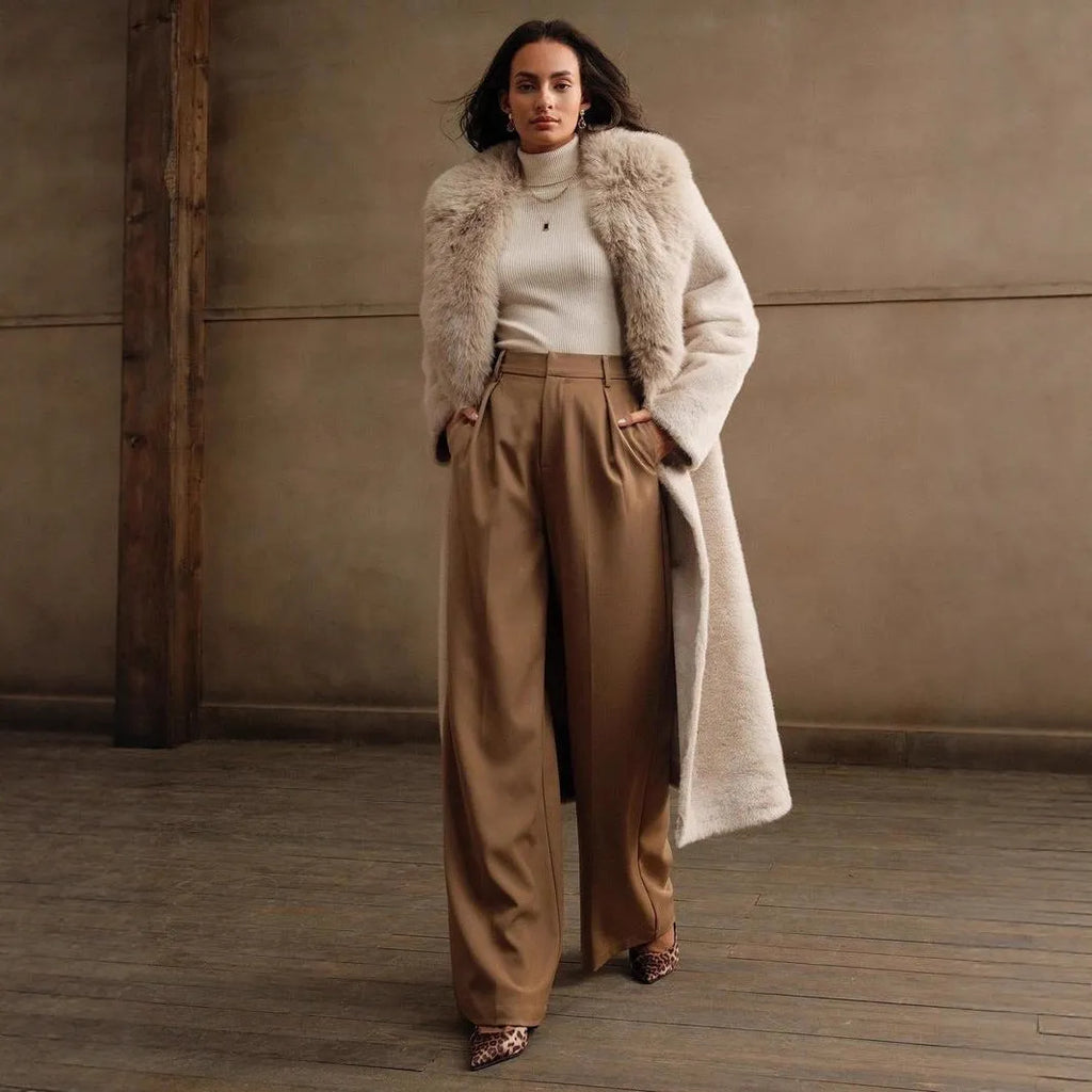 Women's long faux fur coat in camel colour shown from the front.