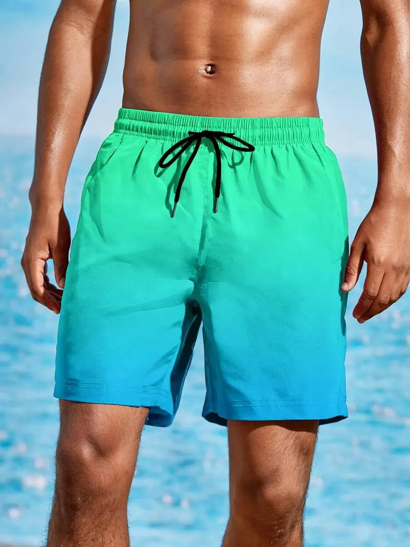 Men's gradient colour 3D digitally printed sports shorts in mesh fabric showing micro-elastic texture