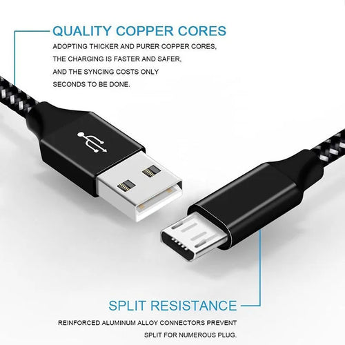 Braided Micro USB fast charging cable for Android phones in black and white.