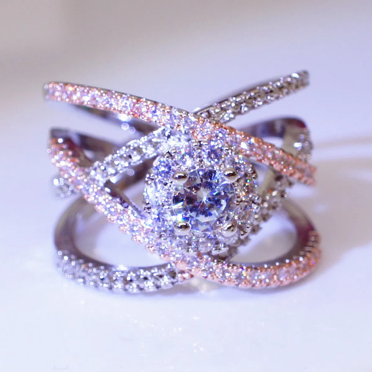 Creative cross zircon ring in rose gold colour separation on copper band