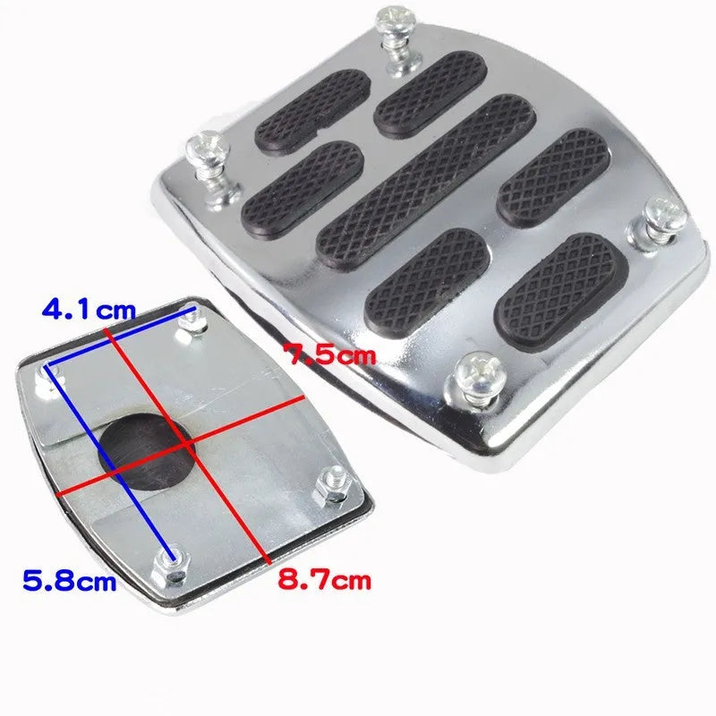 Metal motorcycle brake pedal skid plate shown in universal fit for foot pedal protection.