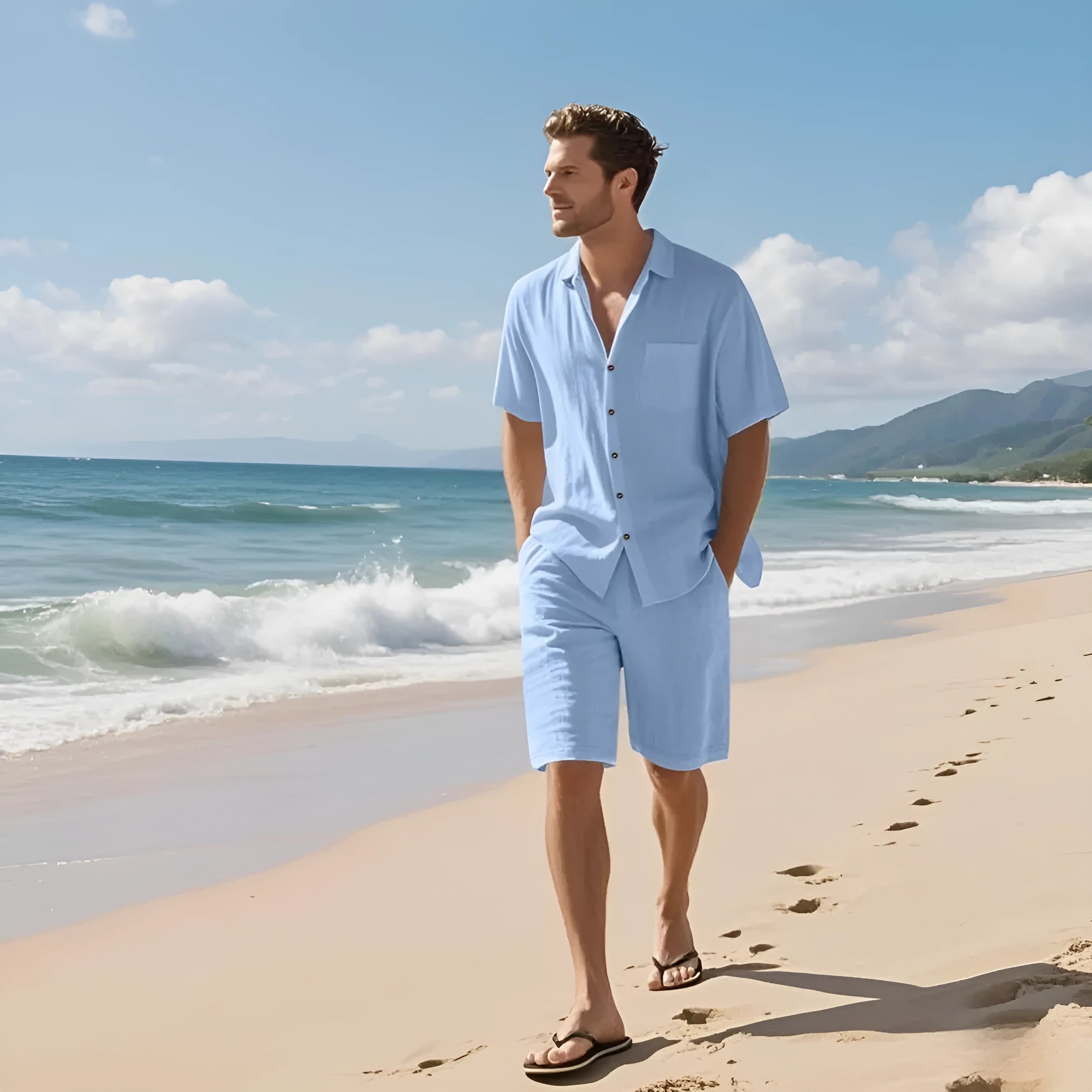Men's linen blend short sleeve beach shirt and matching shorts in a light blue colour.