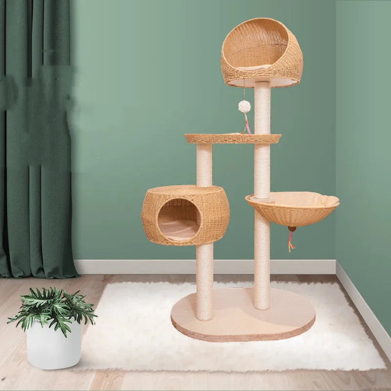 Integrated multi-layer solid wood cat tree with imitation rattan climbing surfaces in beige colour, 160cm tall