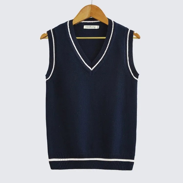Thick V-neck pullover sleeveless school uniform sweater vest in white, loose fit, contrast colour trim