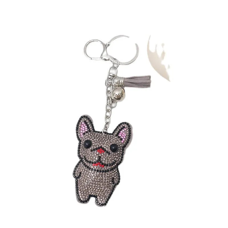 French dog cartoon animal rhinestone keychain with alloy construction measuring 5-7cm