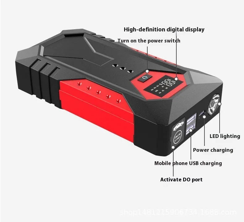 Red 12V car jump starter with battery clamps and 18800mAh capacity for emergency vehicle starting