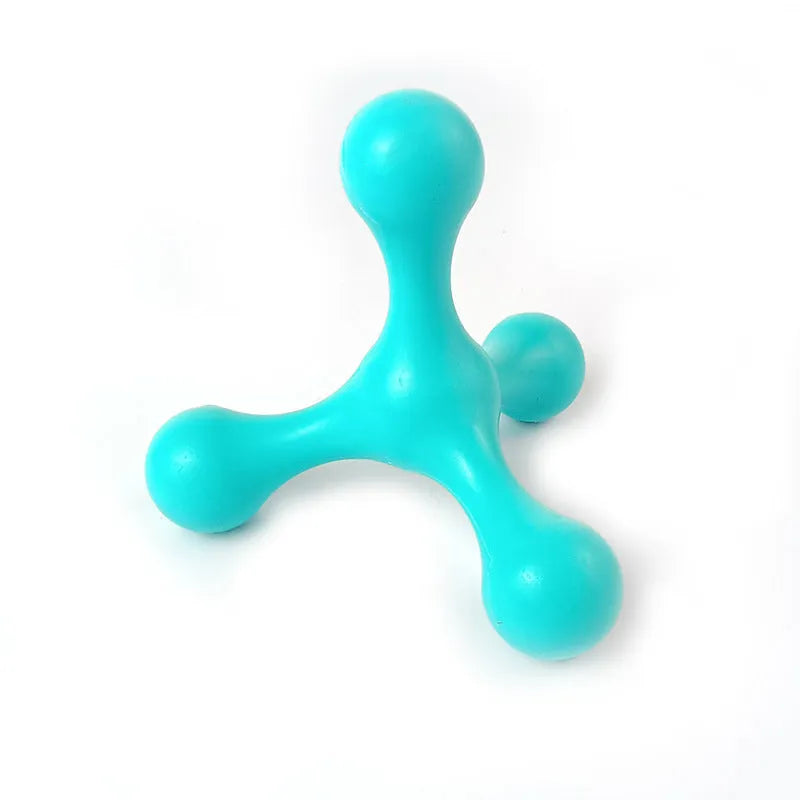 Blue silicone three-legged chew toy for puppies on a white background.