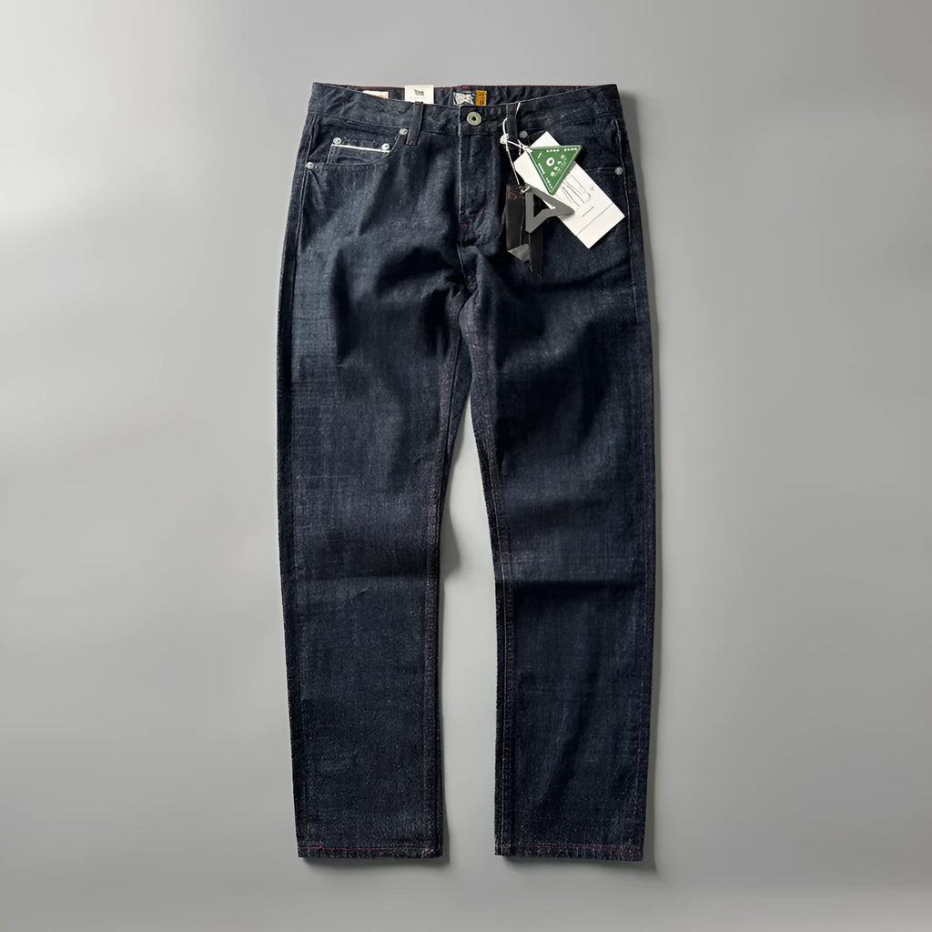 Men's primary colour straight leg denim jeans with American retro styling on a mid waist