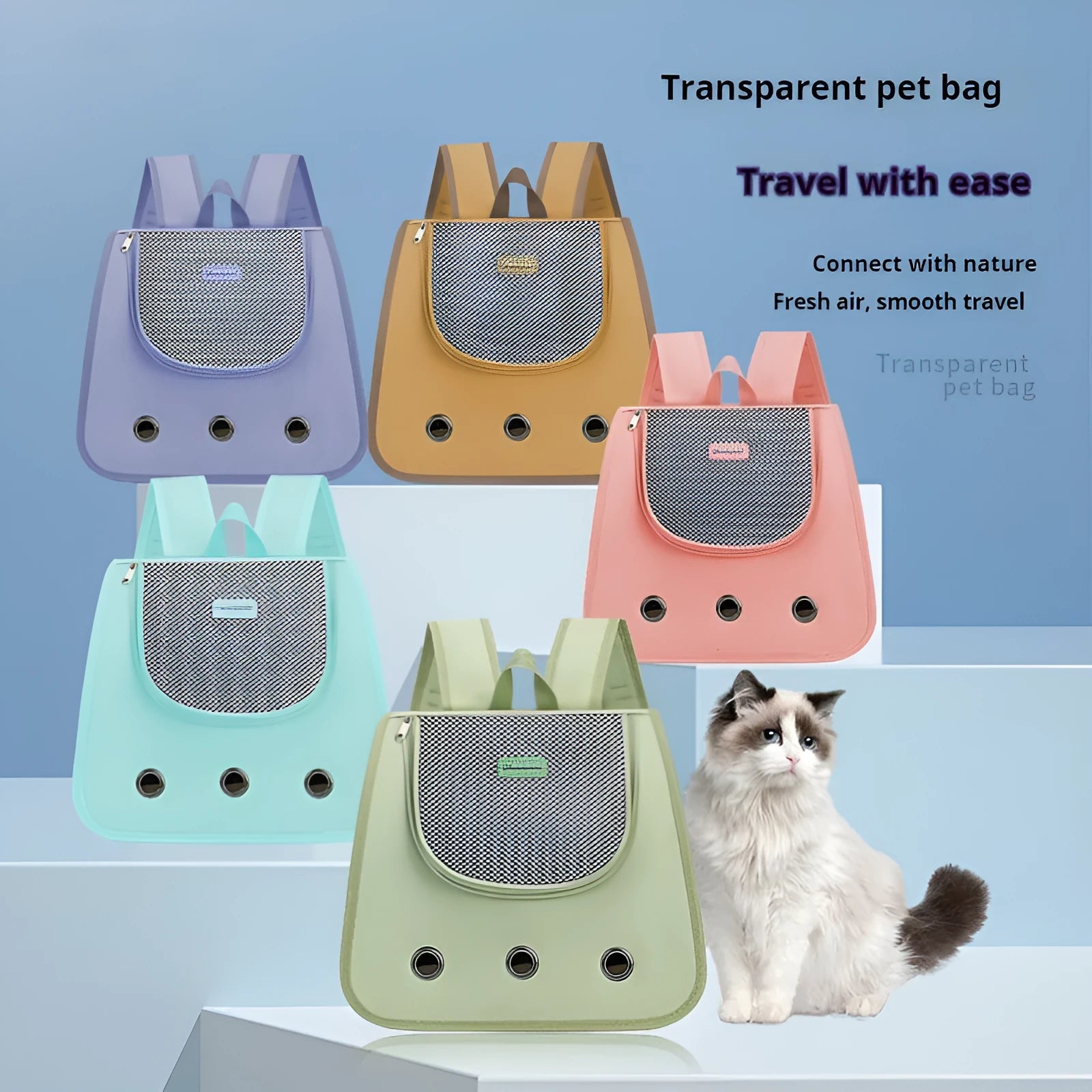 Light blue Oxford fabric cat backpack carrier with mesh panel, shown on a person's back.