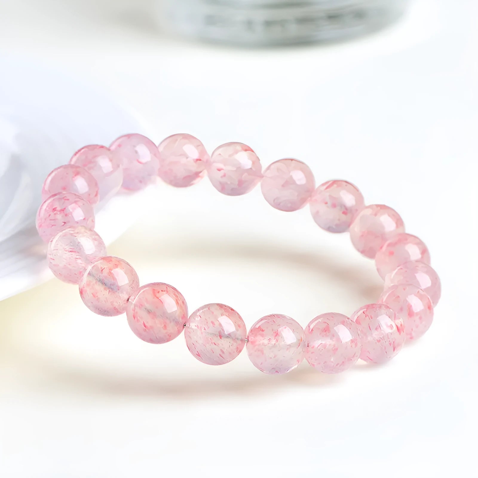 Natural strawberry quartz crystal bracelet with white water geometric beads