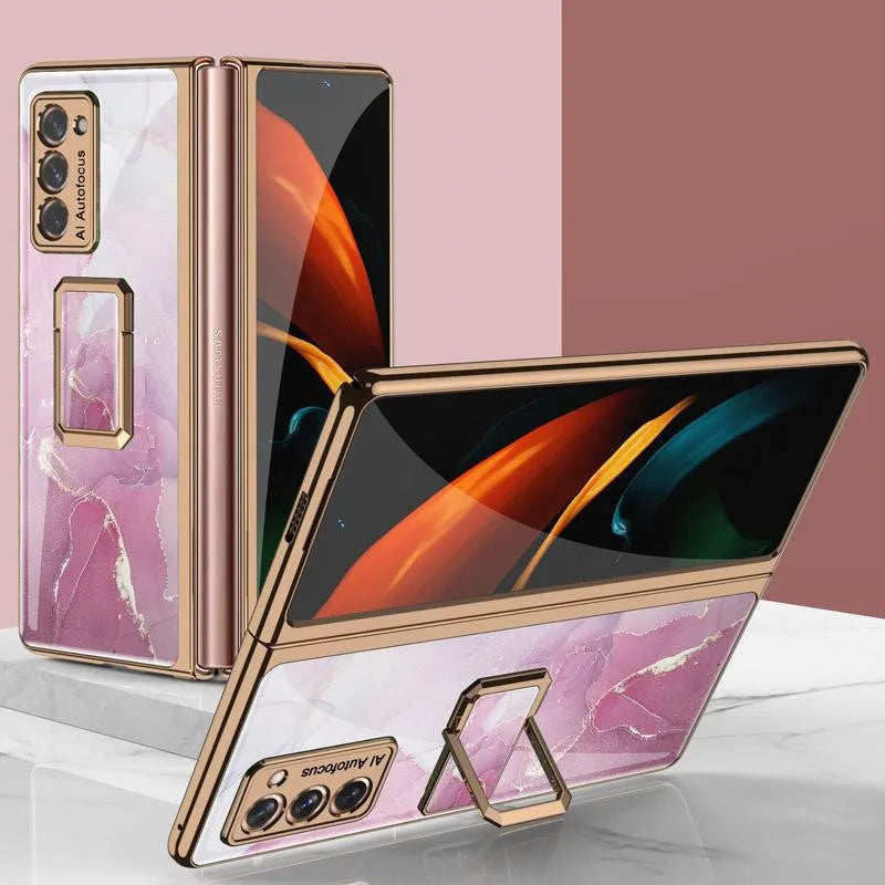 Folding vertical clock phone case for Samsung Galaxy Z Fold 2 in Malachite Green with stand extended