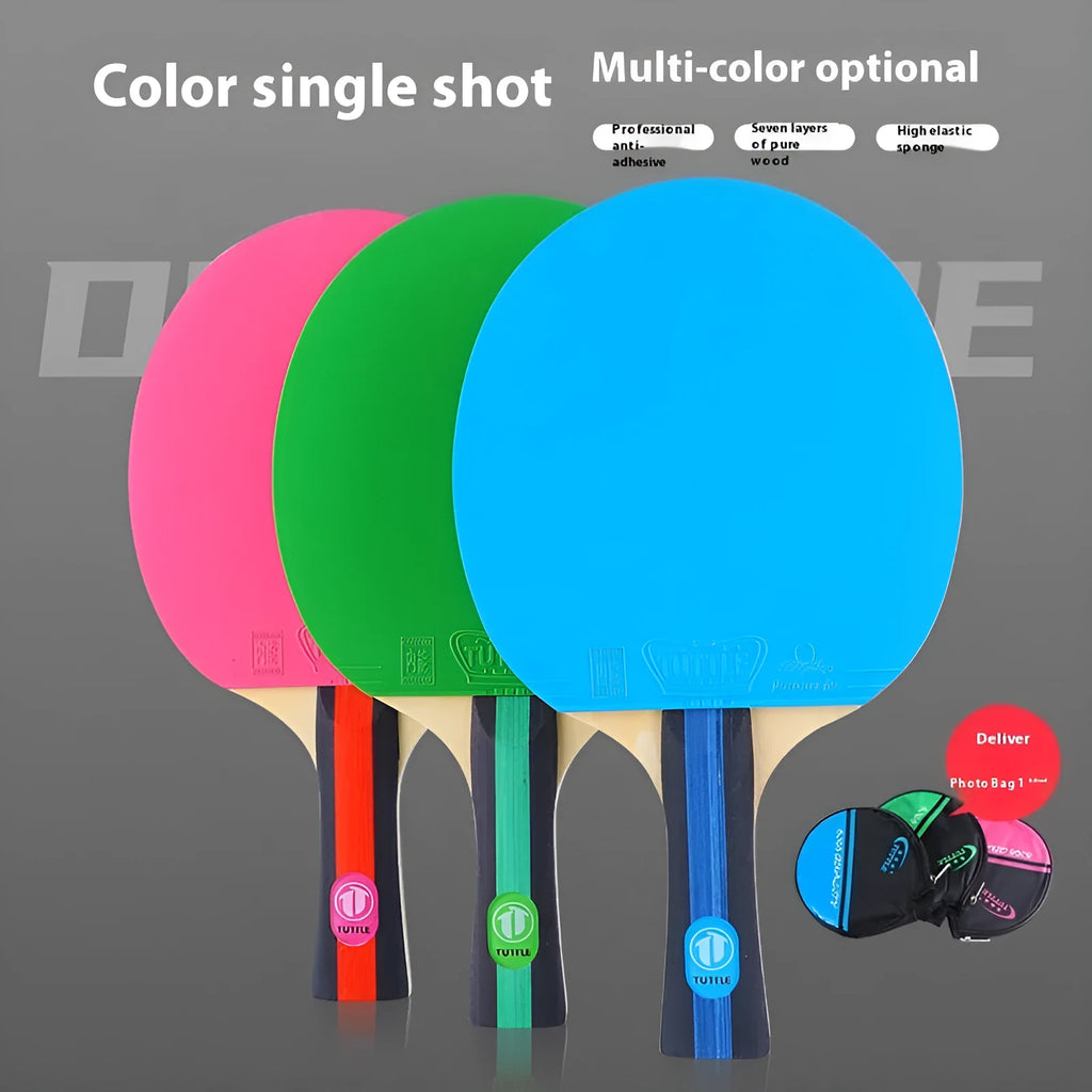 Pink, blue, and green table tennis rackets with long shakehand grips and matching protective cover bags.