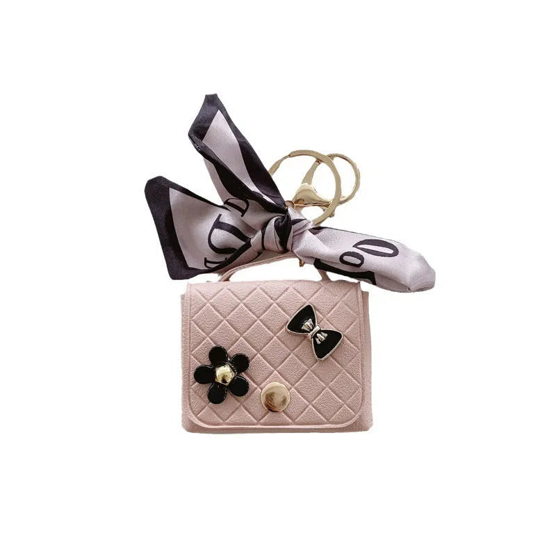 Korean Style Silk Scarf Earphone Bag for AirPods, Pink Faux Leather DIY Soft Shell Case