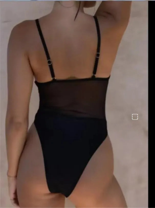 Women's transparent banded one-piece swimsuit in solid black colour with quick-dry polyester fabric